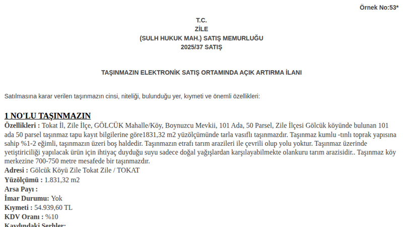 Arsa/Arazi - TOKAT ZİLE - 1.831,32 m²