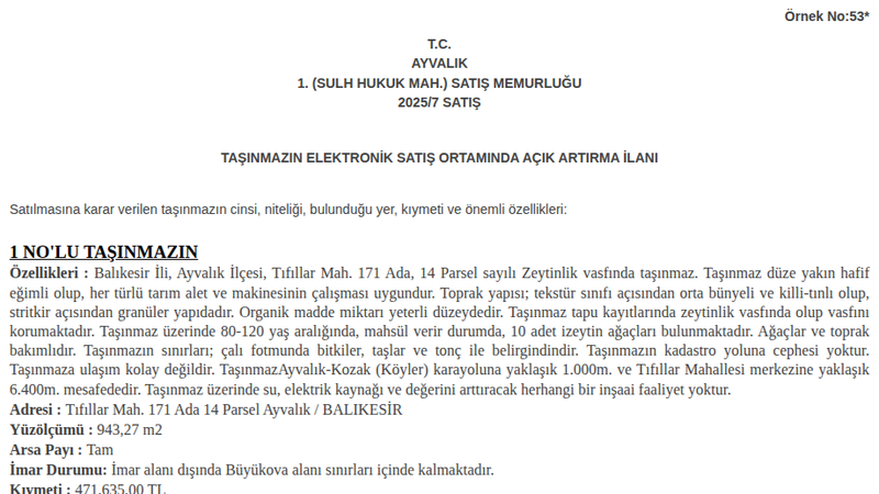 Arsa/Arazi - BALIKESİR AYVALIK - 943,27 m²