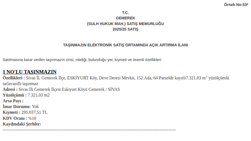 Arsa/Arazi - SİVAS GEMEREK - 321,03 m²
