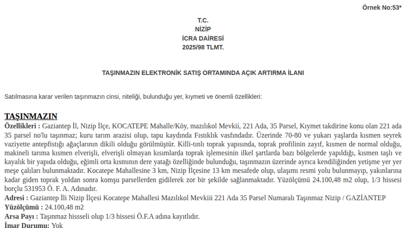 Arsa/Arazi - GAZİANTEP NİZİP - 100,48 m²