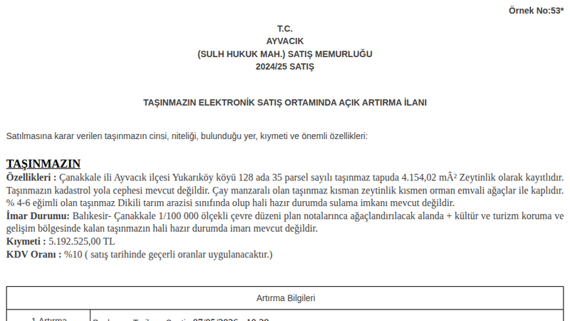 Arsa/Arazi - ÇANAKKALE AYVACIK - 154,02 m²