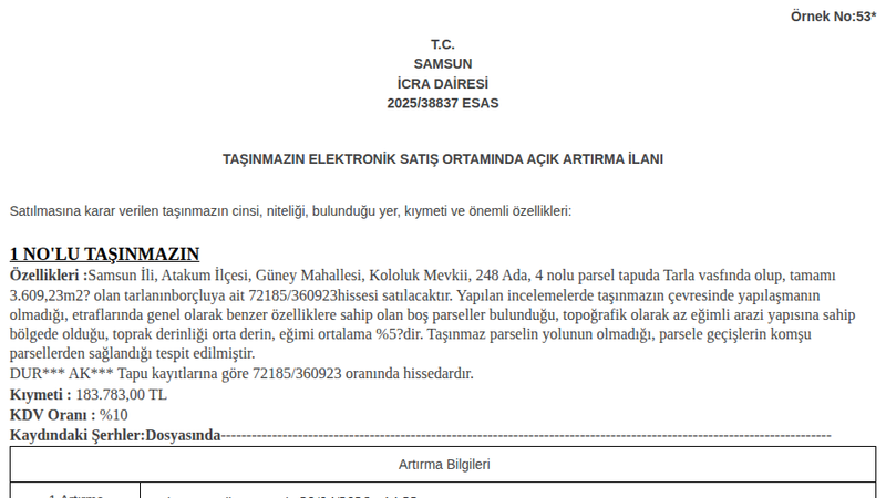 Arsa/Arazi - SAMSUN ATAKUM - 609,23 m²