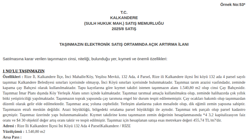 Arsa/Arazi - RİZE KALKANDERE - 540,80 m²