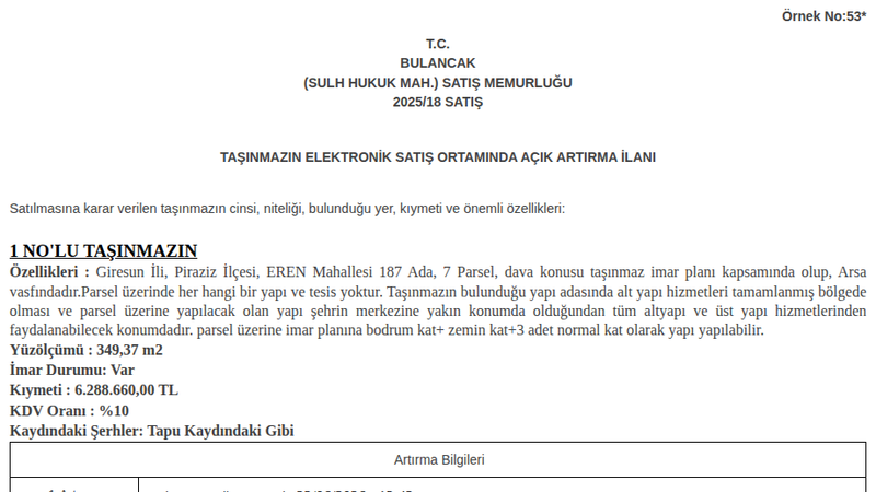 Arsa/Arazi - GİRESUN PİRAZİZ - 349,37 m²