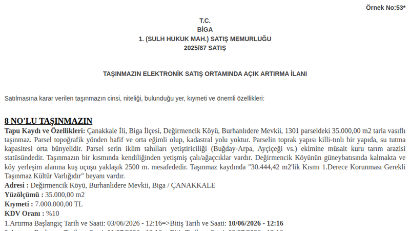 Arsa/Arazi - ÇANAKKALE BİGA - 35.000 m²