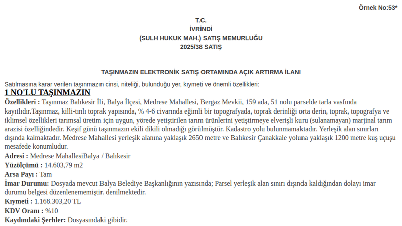 Satılık Tarla - Balıkesir Balya