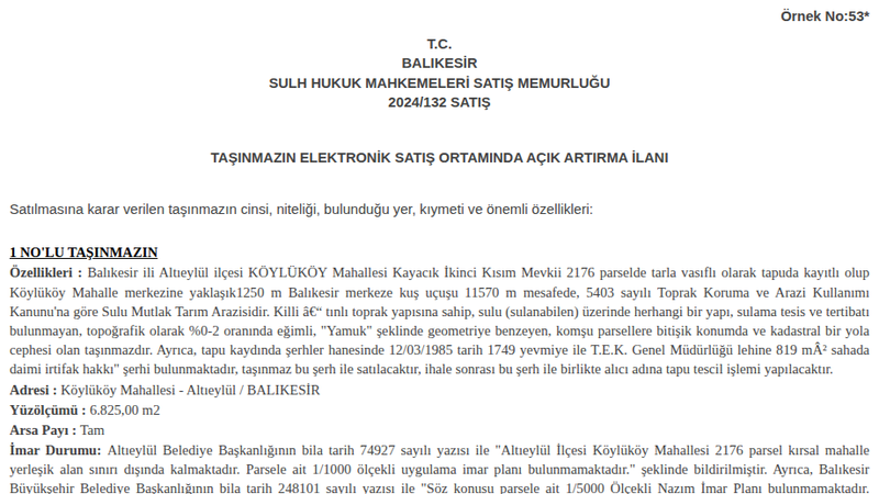 Satılık Tarla - Balıkesir Altıeylül