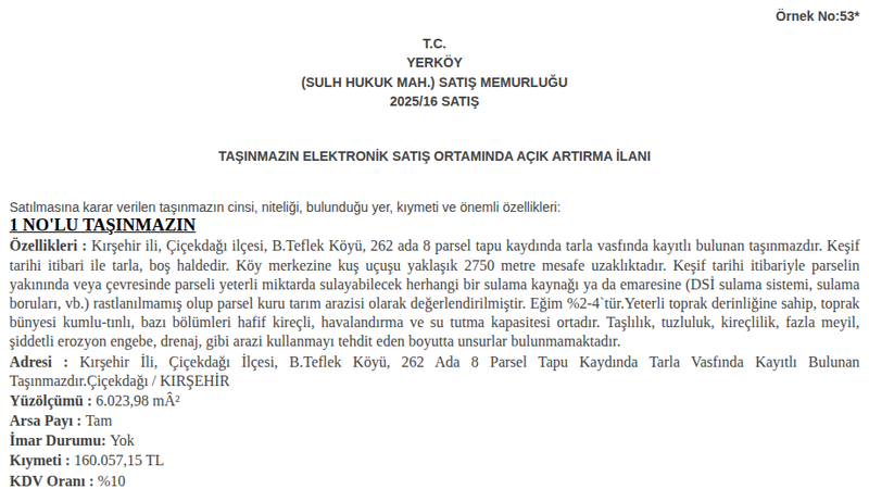 Satılık Tarla - Kırşehir Çiçekdağı