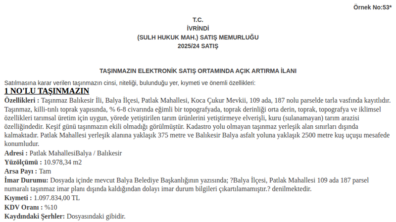 Satılık Tarla - Balıkesir Balya