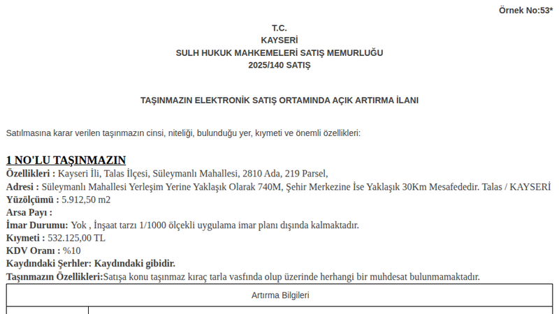 Arsa/Arazi - KAYSERİ TALAS - 912,50 m²