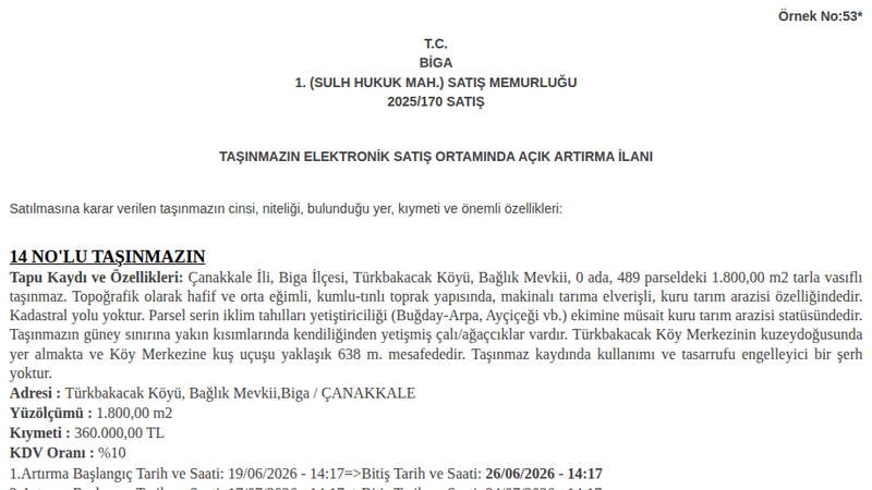 Satılık Tarla - Çanakkale Biga