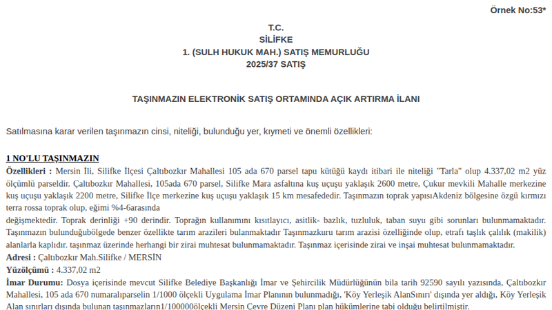 Satılık Tarla - Mersin Silifke