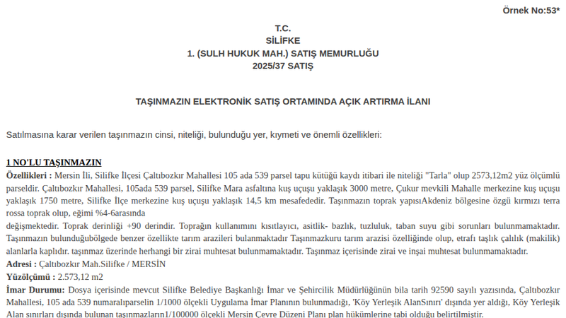 Satılık Tarla - Mersin Silifke