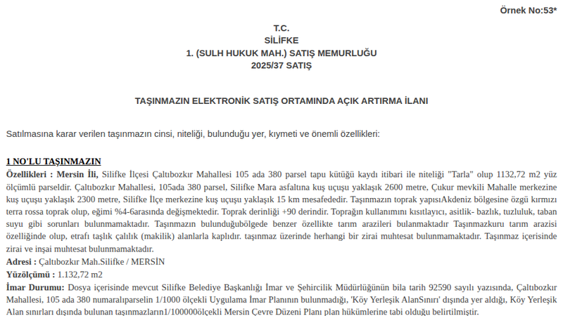 Satılık Tarla - Mersin Silifke