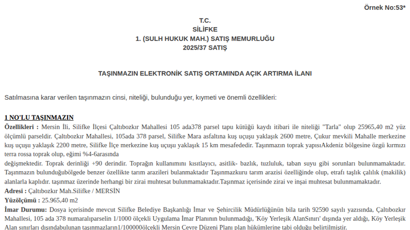 Satılık Tarla - Mersin Silifke