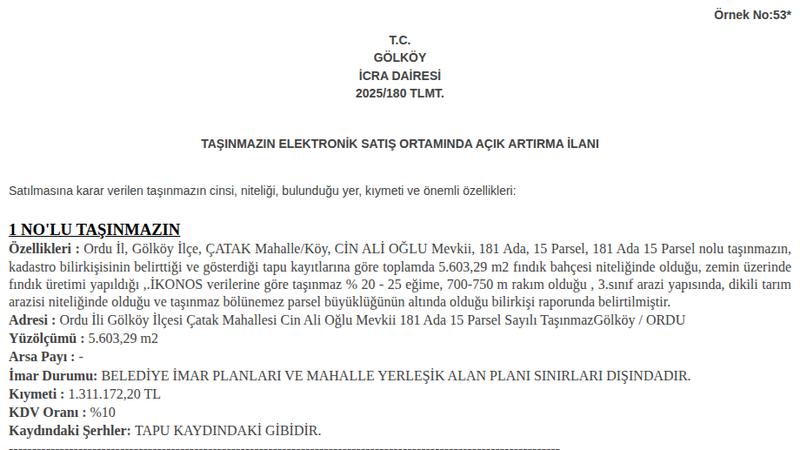 Arsa/Arazi - ORDU GÖLKÖY - 603,29 m²