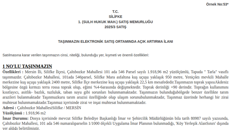 Arsa/Arazi - MERSİN SİLİFKE - 918,96 m²
