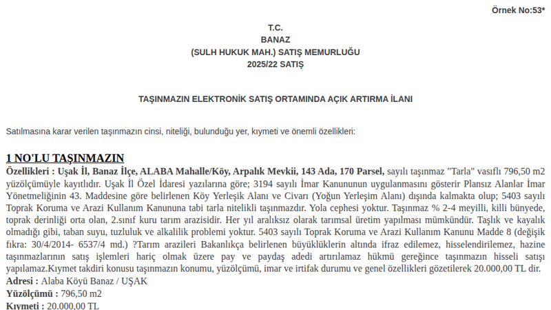 Arsa/Arazi - UŞAK BANAZ - 796,50 m²