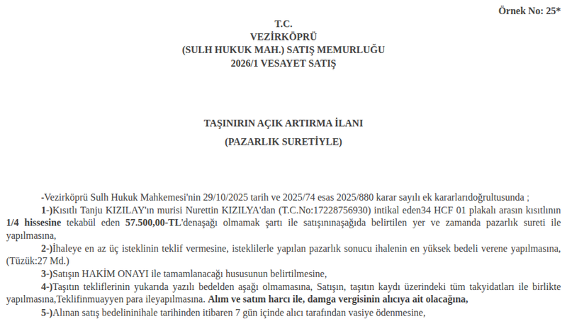Otomobil - SAMSUN VEZİRKÖPRÜ