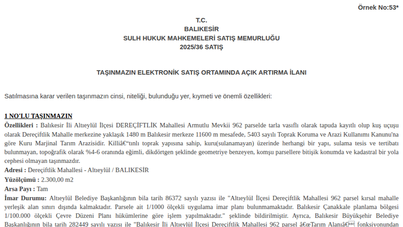 Satılık Tarla - Balıkesir Altıeylül