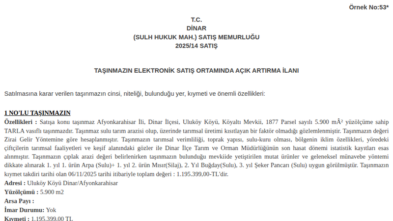 Satılık Tarla - Afyonkarahisar Dinar