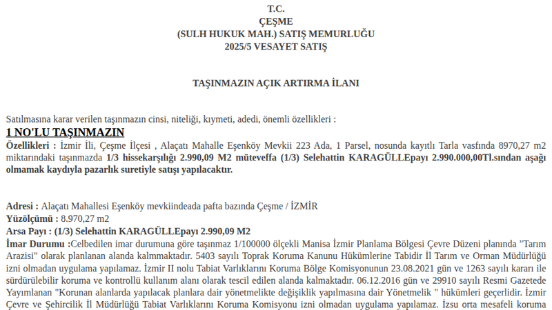 Arsa/Arazi - İZMİR ÇEŞME - 8.970,27 m²