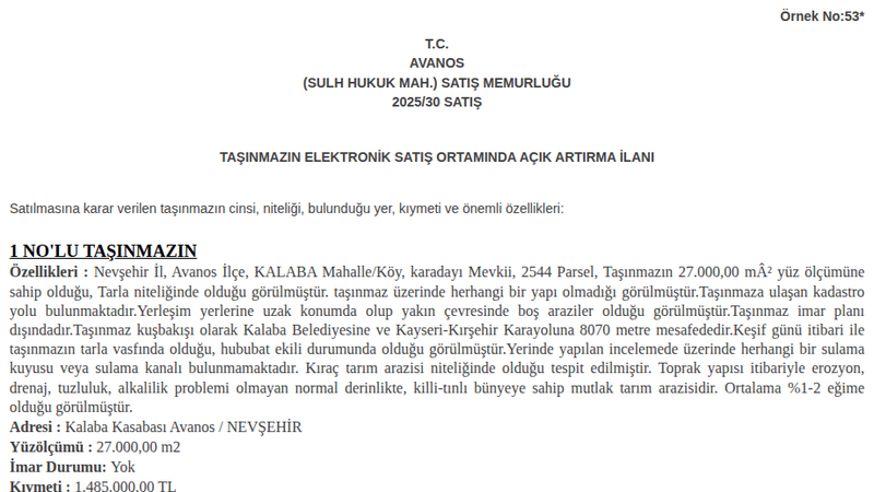 Satılık Tarla - Nevşehir Avanos
