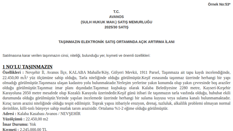 Satılık Tarla - Nevşehir Avanos