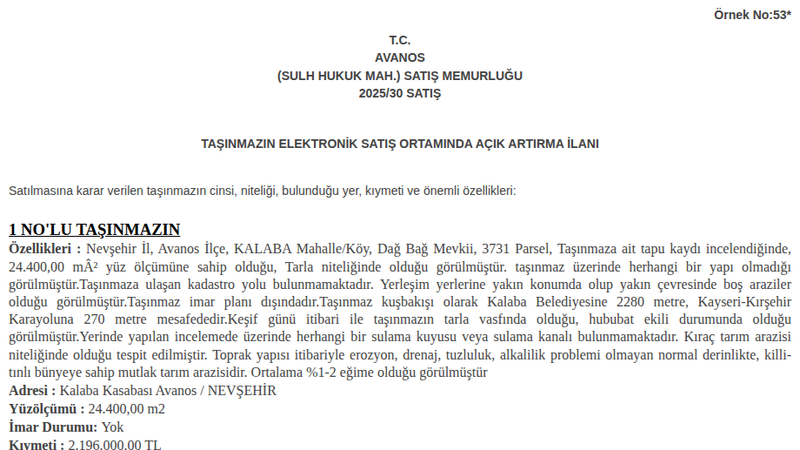 Satılık Tarla - Nevşehir Avanos