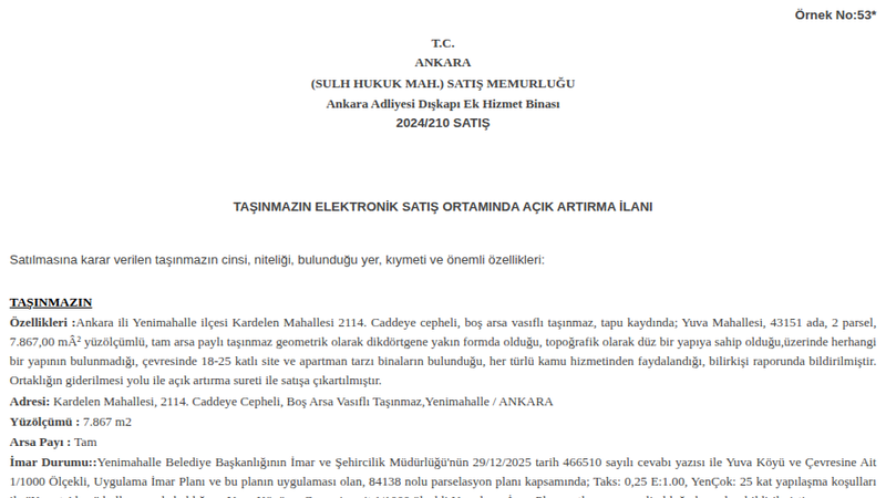 Arsa/Arazi - ANKARA YENİMAHALLE - 867 m²
