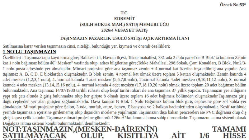 Konut - BALIKESİR HAVRAN - 126 m²