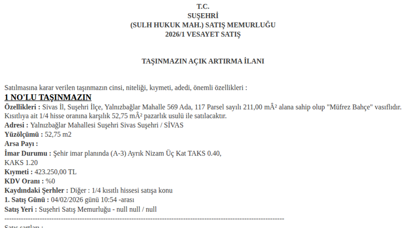 Arsa/Arazi - SİVAS SUŞEHRİ - 211 m²