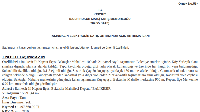 Satılık Tarla - Balıkesir Kepsut