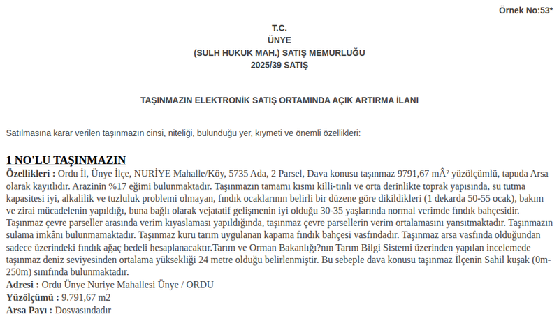 Arsa/Arazi - ORDU ÜNYE - 9.791,67 m²