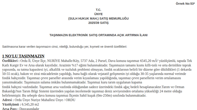 Arsa/Arazi - ORDU ÜNYE - 6.545,20 m²