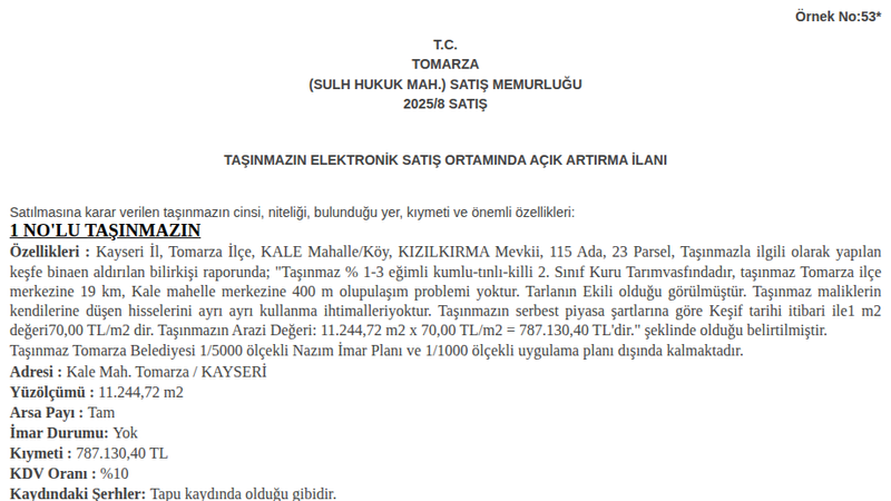 Arsa/Arazi - KAYSERİ TOMARZA