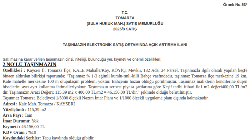 Arsa/Arazi - KAYSERİ TOMARZA