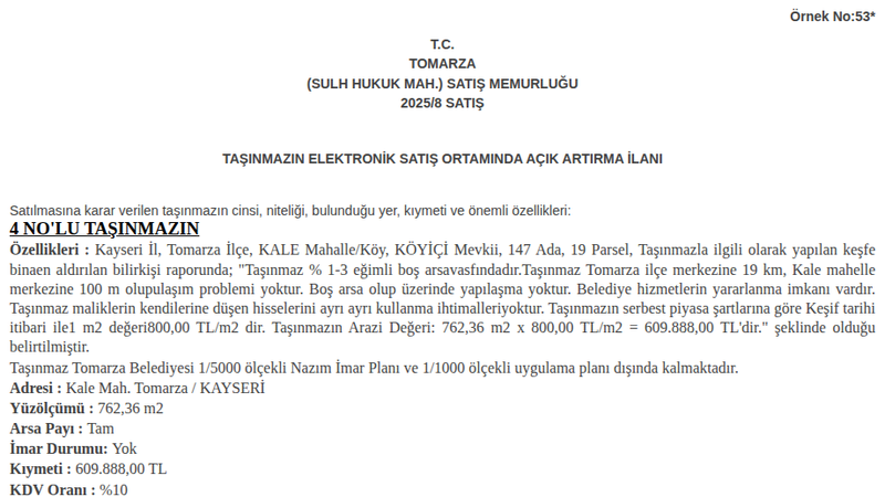 Arsa/Arazi - KAYSERİ TOMARZA