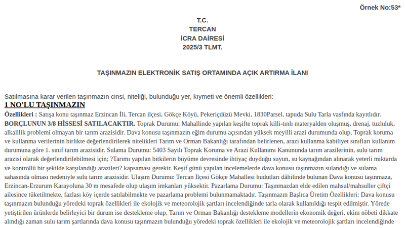 Arsa/Arazi - ERZİNCAN TERCAN - 424 m²