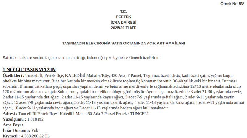 Satılık Konut - Tunceli Pertek