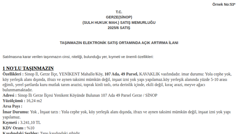 Arsa/Arazi - SİNOP GERZE - 16,24 m²