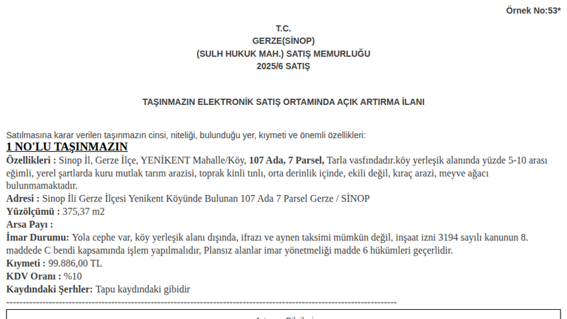 Arsa/Arazi - SİNOP GERZE - 375,37 m²