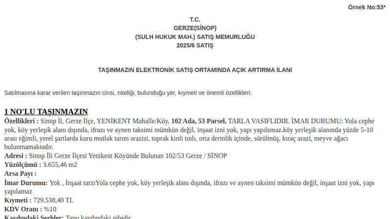 Arsa/Arazi - SİNOP GERZE - 655,46 m²