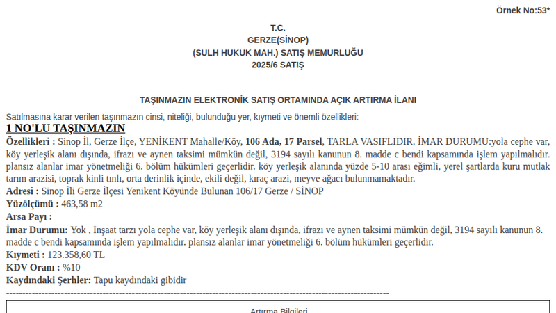 Arsa/Arazi - SİNOP GERZE - 463,58 m²