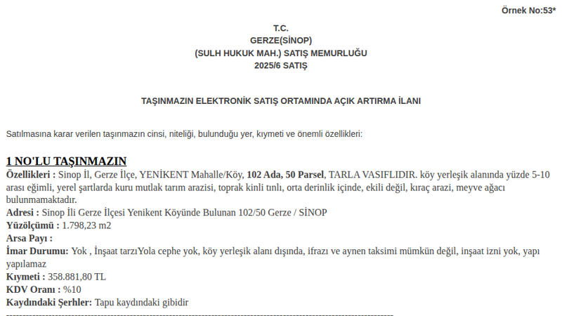 Arsa/Arazi - SİNOP GERZE - 798,23 m²