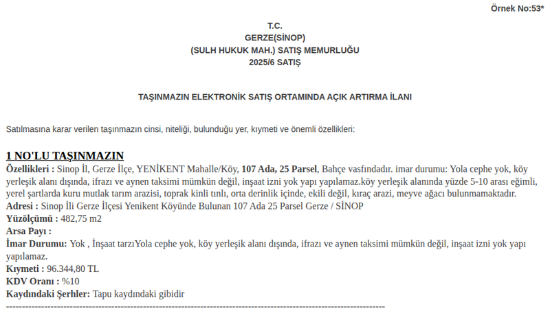 Satılık Tarla - Sinop Gerze