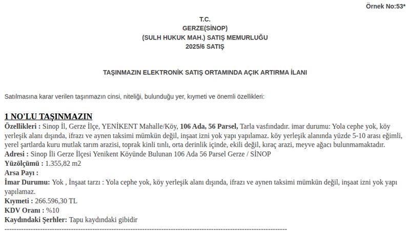 Satılık Tarla - Sinop Gerze