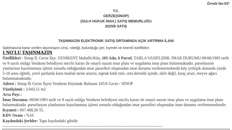 Satılık Tarla - Sinop Gerze