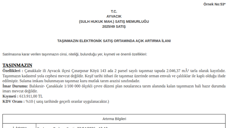 Arsa/Arazi - ÇANAKKALE AYVACIK - 46,37 m²