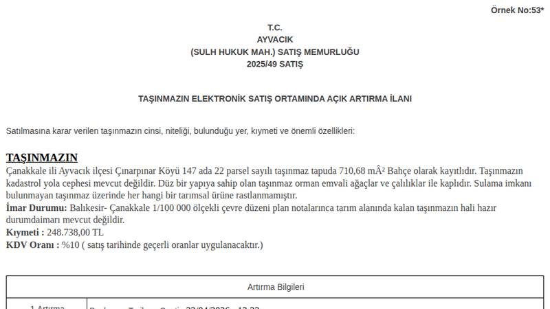 Arsa/Arazi - ÇANAKKALE AYVACIK - 710,68 m²